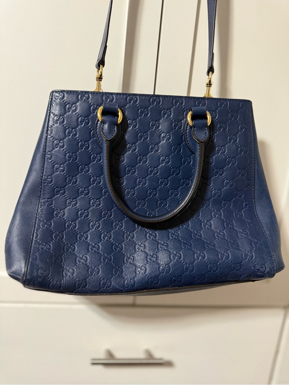 Gucci Navy Embossed GG Leather Tote with Gold Hardware